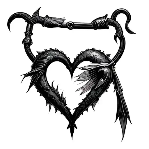 "Tyrell 2/14/80-3/3/25" "Tyrell 2/14/80-3/3/25" gothic Fishing Hook Heart tattoo tattoo design idea