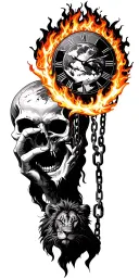 skull with hand holding a burning clock with earth as the face of the clock and a Lion with a broken chain in its mouth tattoo design idea