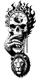 skull with hand holding a burning clock with earth as the face of the clock and a Lion with a broken chain in its mouth tattoo design idea