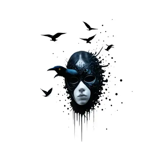 face of a neutral mask that disintegrates with crows that fly away tattoo design idea