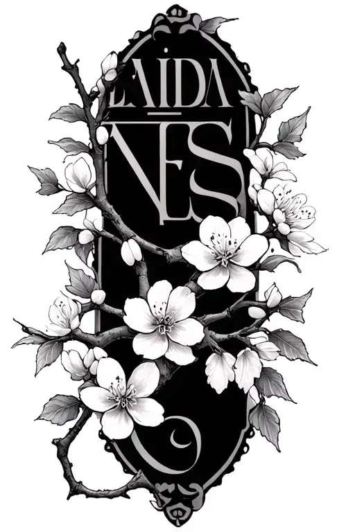 "LADINES" cherry blossom branch with last name written across vertically tattoo design idea