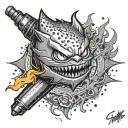 A microphone engulfed in flames, with Gengar's shadow looming in the background tattoo design idea