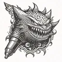 A microphone engulfed in flames, with Gengar's shadow looming in the background tattoo design idea