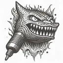A microphone engulfed in flames, with Gengar's shadow looming in the background tattoo design idea