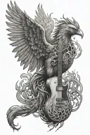 realistic flaming phoenix rising, broken chains, a with a tail that flows into musical notes, holding a guitar tattoo design idea