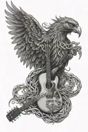 realistic flaming phoenix rising, broken chains, a with a tail that flows into musical notes, holding a guitar tattoo design idea