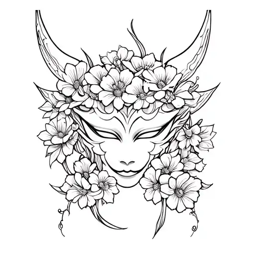 oni mask wrapped in flowers tattoo design idea