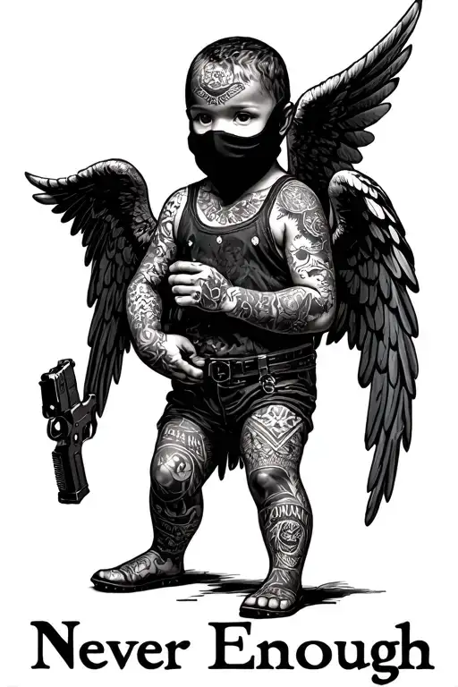 "Never Enough" ski mask black baby angels with tats holding guns tattoo design idea