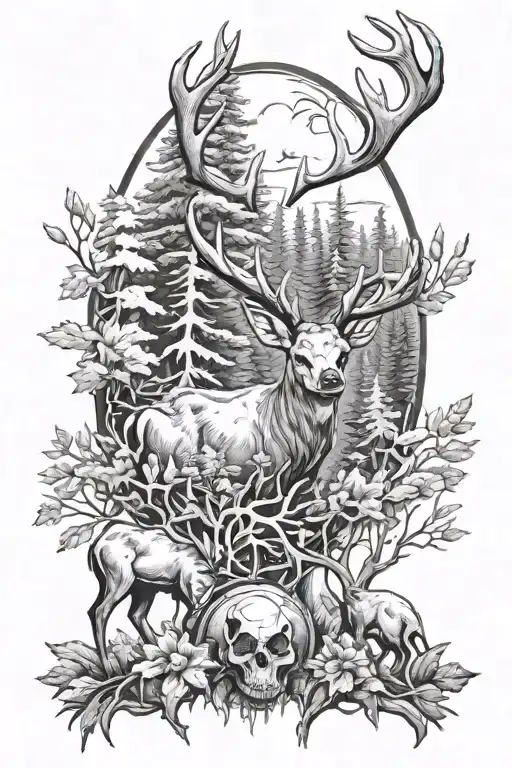 deer skull and bear in forest scene tattoo design idea