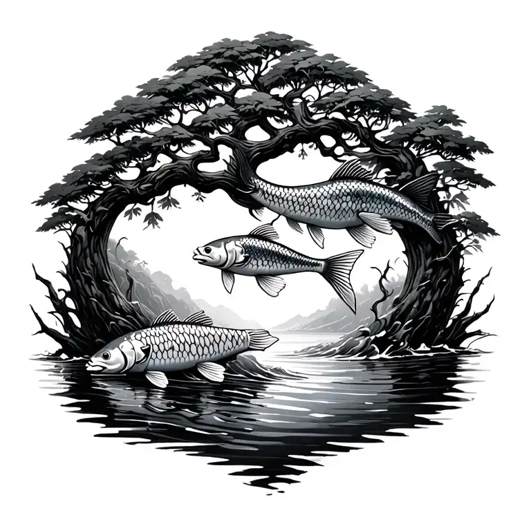 tree of life whit swimming koi fish swimming upstream tattoo design idea