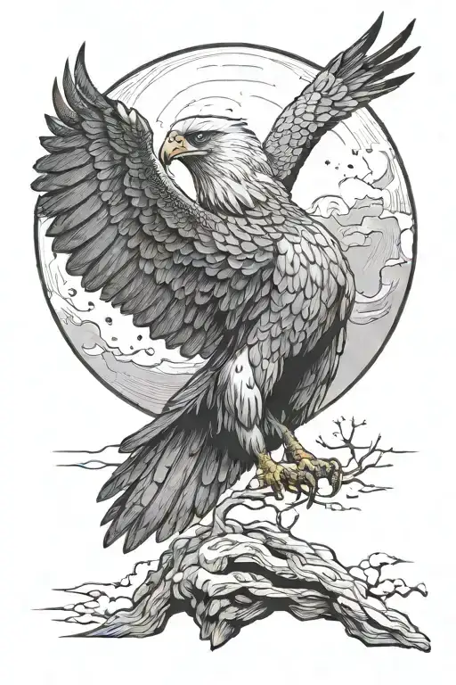 A detailed full moon in the right corner and a harpia eagle soaring over a viewpoint. Below, a minimalistic Mato Grosso  tattoo design idea