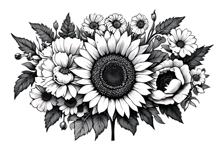 sunflower, carnation, larkspur, poppy, and cosmos and hawthorn facing straight and played out with sunflower in middle tattoo design idea