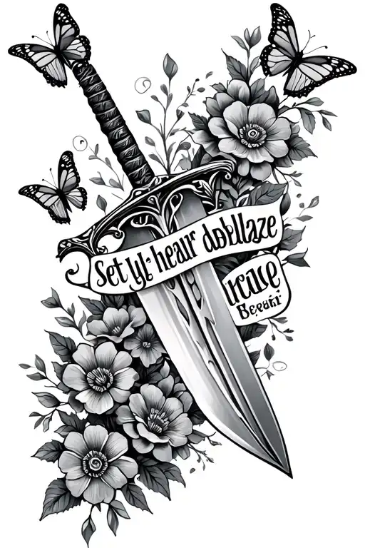 "Set your heart ablaze" sword with flowers and butterflies surrounding tattoo design idea