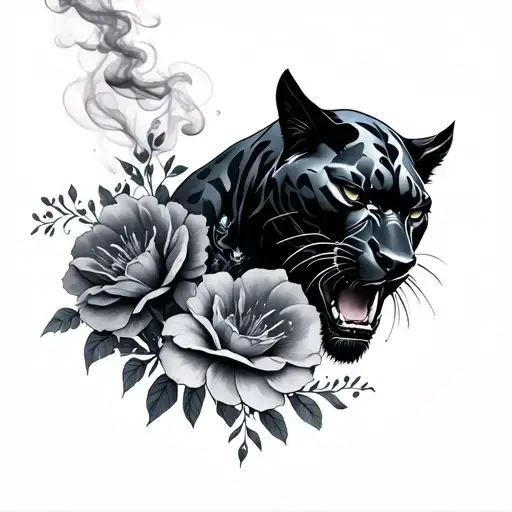 black panther smoke flowers surrounding tattoo design idea