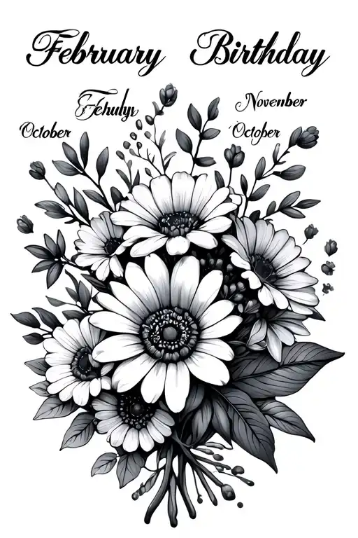 Bouquet of birthday flowers of the month of February, July, October and November tattoo design idea
