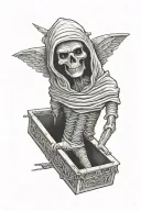 tut Spelled out and Is rapped like a mummy, inside a casket  tattoo design idea