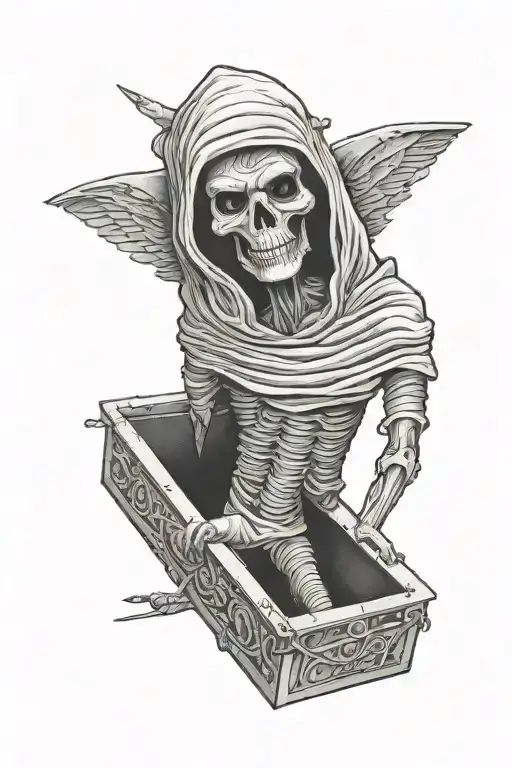 tut Spelled out and Is rapped like a mummy, inside a casket  tattoo design idea
