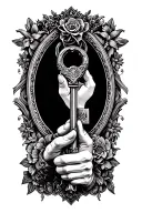 Victorian hand holding key unlocking the secrets tattoo design idea