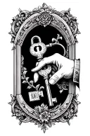 Victorian hand holding key unlocking the secrets tattoo design idea