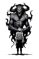 a boy standing with a scary demon towering behind him and wrapped around him tattoo design idea