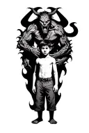 a boy standing with a scary demon towering behind him and wrapped around him tattoo design idea