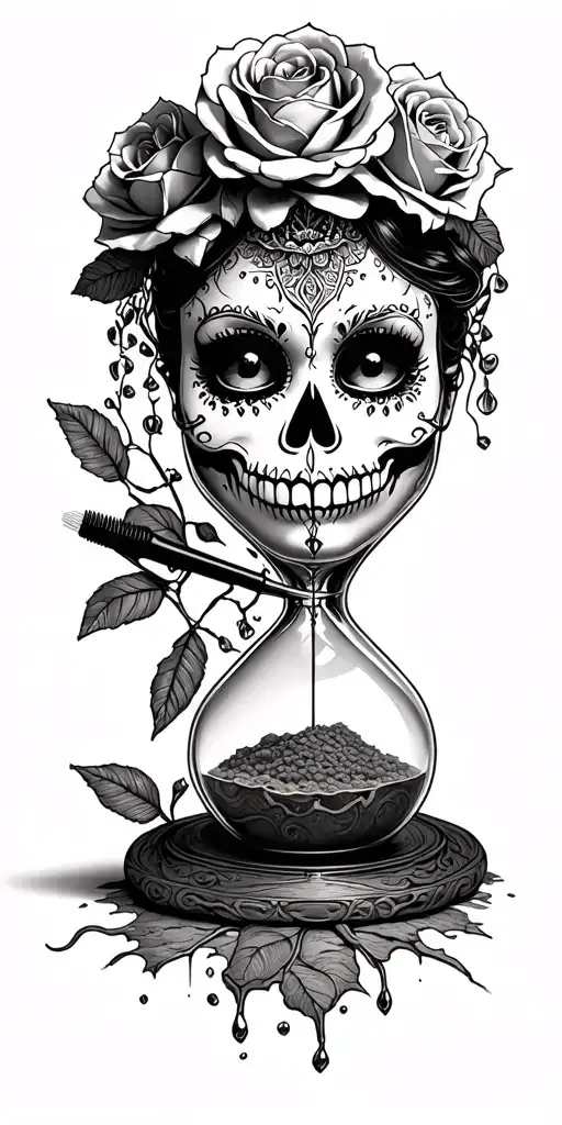 La Catrina taking Mascara out of Rose Crown, ancient Sand hourglass, Anonymous Mascara Cracked tattoo design idea