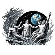 Zeus, Poseidon, Hades circling a dying Earth, arguing through power, sky, sea, and flame tattoo design idea