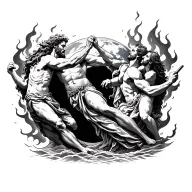 Zeus, Poseidon, Hades circling a dying Earth, arguing through power, sky, sea, and flame tattoo design idea