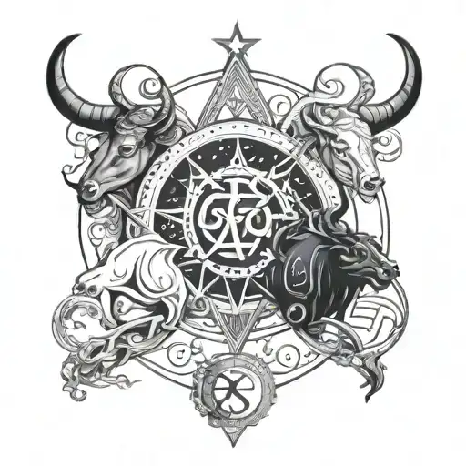 Intricate zodiac fusion tattoo design, featuring Taurus, Sagittarius, and Libra symbols, tattoo design idea