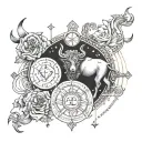 Intricate zodiac fusion tattoo design, featuring Taurus, Sagittarius, and Libra symbols, tattoo design idea