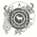 Intricate zodiac fusion tattoo design, featuring Taurus, Sagittarius, and Libra symbols, tattoo design idea