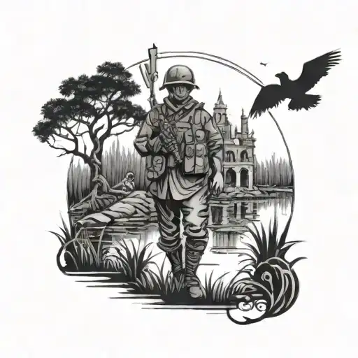 A blackwork tattoo of a veteran soldier standing guard in a haunted bayou, with ghostly figures and ancient ruins in the background tattoo design idea