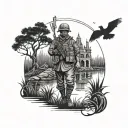 A blackwork tattoo of a veteran soldier standing guard in a haunted bayou, with ghostly figures and ancient ruins in the background tattoo design idea