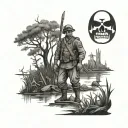 A blackwork tattoo of a veteran soldier standing guard in a haunted bayou, with ghostly figures and ancient ruins in the background tattoo design idea