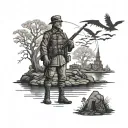 A blackwork tattoo of a veteran soldier standing guard in a haunted bayou, with ghostly figures and ancient ruins in the background tattoo design idea