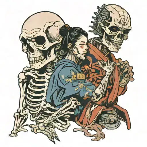 A girl touches the face of a samurai skeleton man with her palm and he takes on facial features tattoo design idea
