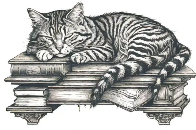 cat sleeping on a bookshelf tattoo design idea