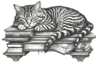 cat sleeping on a bookshelf tattoo design idea