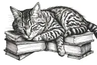 cat sleeping on a bookshelf tattoo design idea