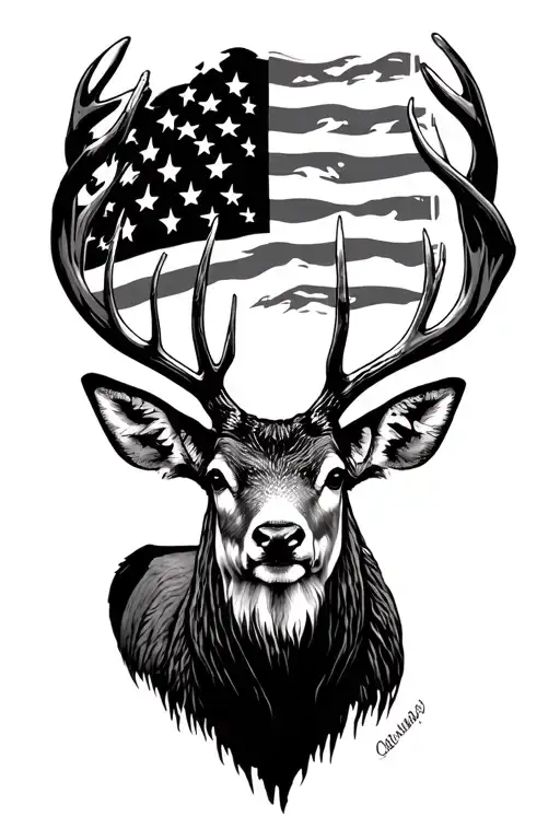 , mountain stream, old u.s flag mule deer, not all who wonder are lost tattoo design idea
