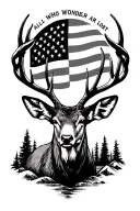 , mountain stream, old u.s flag mule deer, not all who wonder are lost tattoo design idea