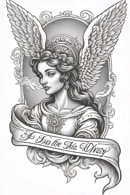 sleeve tattoo of a hispanic Angel looking over the heart with the quote "i am the way, the truth, and the life  tattoo design idea