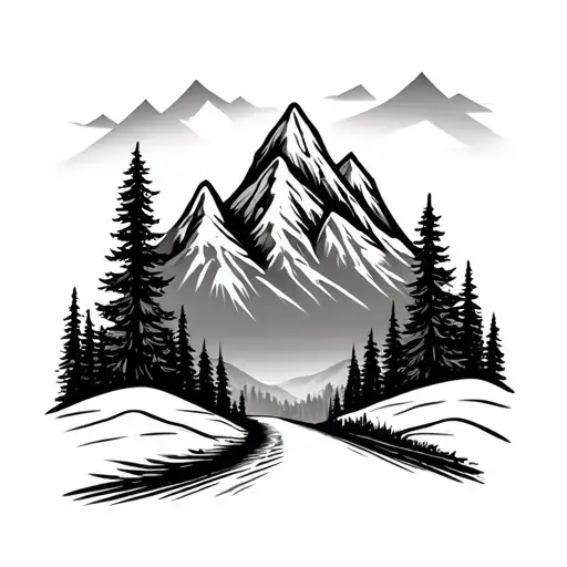 Black and white image of two mountains and tall pine trees, winding road coming between the two mountains with just the  tattoo design idea