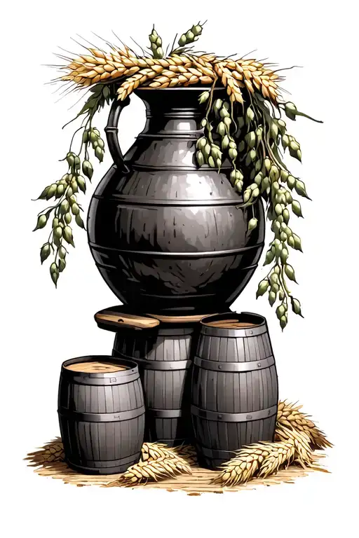 hop vines going over a copper brew kettle with wheat and bourbon barrels tattoo design idea