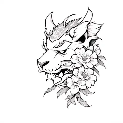 Japanese demon leon with flowers tattoo design idea