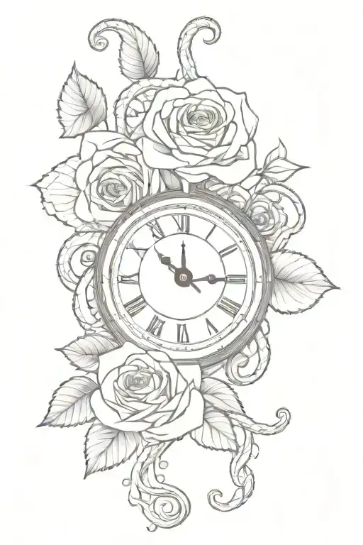 Hand clock with snake vining around with one rose behind drawing tattoo design idea