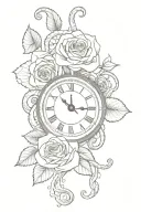 Hand clock with snake vining around with one rose behind drawing tattoo design idea