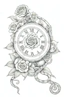 Hand clock with snake vining around with one rose behind drawing tattoo design idea