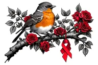 Robin with 2 legs sitting on branch surrounded by a lot of red roses with a cancer ribbon hanging off the end of it tattoo design idea