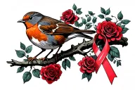 Robin with 2 legs sitting on branch surrounded by a lot of red roses with a cancer ribbon hanging off the end of it tattoo design idea